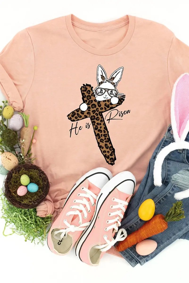 Pink He Is Risen Easter Bunny Leopard Cross Graphic Tee - Love Salve